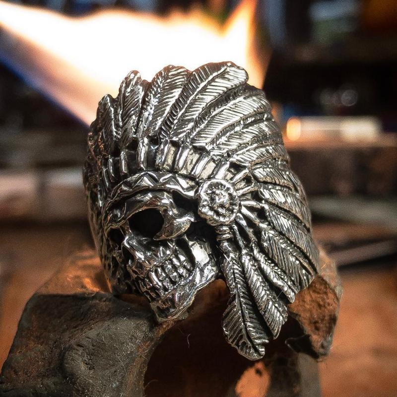 

EYHIMD Vintage American Native Skull Ring Mens Tribe Warrior Stainless Steel Biker Rings Jewelry