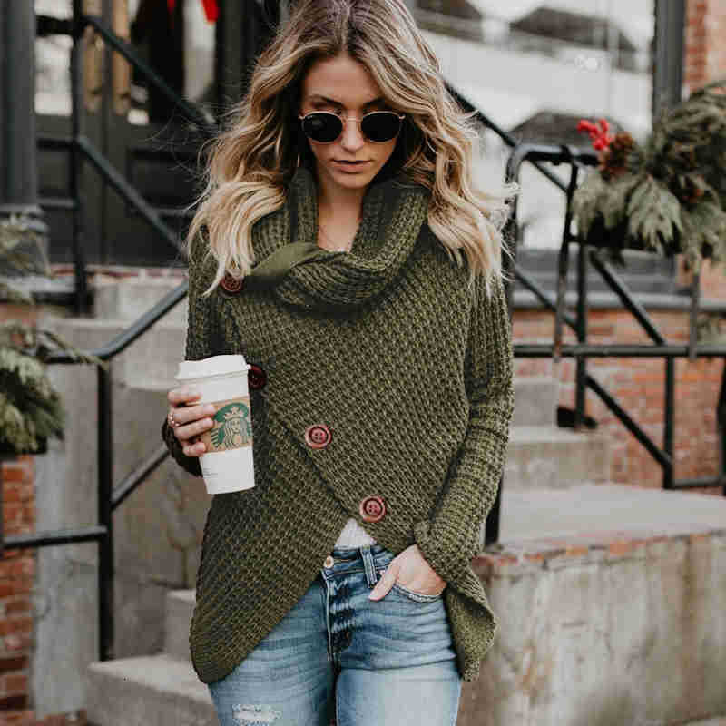 

2021 New Turtleneck Irregular Slim Warm Jumpers Ladies Pullover Autumn Winter Women' Sweaters Black Sweater Button Yupk, Khaki