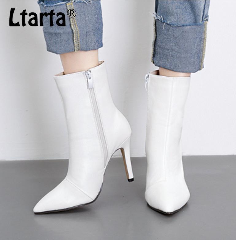 

2021 Women Black White Boots Winter Style Plain Face Slim High-heel Point Mid-boot Girl Boots Ankle for Women CWF-909-131