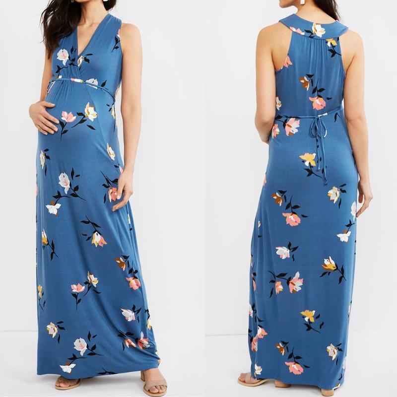 

Maternity Dresses 2020 Summer Women Sleeveless Pregnancy Floral Print Sundress Casual Long Dress Robe Longue Grossesse @451, Blue