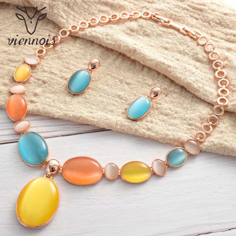 

Earrings & Necklace Viennois Jewelry Set For Women Geometric Colorful Opal Design Dangle Party Jewelry1, As pic