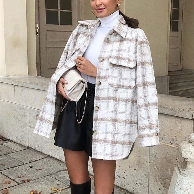 

2021 New Soft Vintage Women Tweed Shirts Spring-fall Fashion Elegant Ladies Loose Tops Streetwear Girls Oversize Outwear B2H8, Red