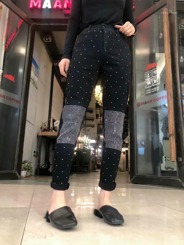 

Jeans Women 2021 Heavy Diamonds Black Denim Pants High Street Fashion Casual Mid Waist Trousers Women's
