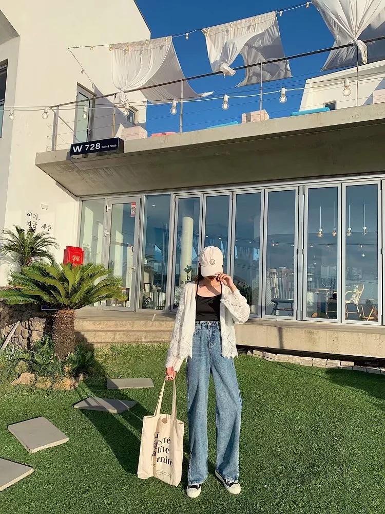 

Spring and Autumn New Retro Simple Solid Color Straight High Waist Side Slit Floor Pants Slim Loose Button Wide Leg Jeans, Light blue