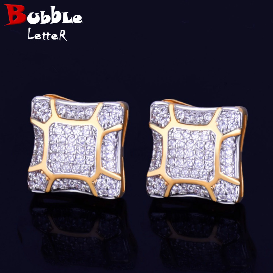 

Iced-Out Men Earring Square Stud Double Color Material Full Zircon Copper Screw Push Back Charm Hip Hop Jewelry Rock Street