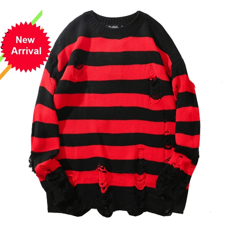 

2021 New Black Red Striped Sweaters Washed Destroyed Ripped Hole Knit Jumpers Men Women Oversized Sweater Harajuku 7x8a