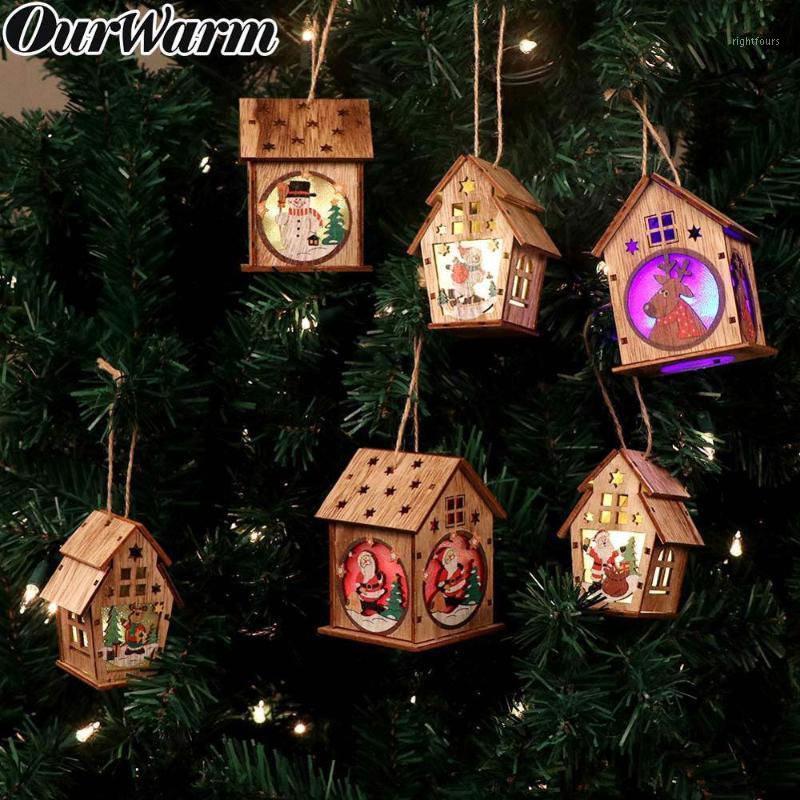 

OurWarm DIY Wooden House Christmas Tree Decoration LED Light Hanging Ornaments Wooden House New Year Gift for Kids1
