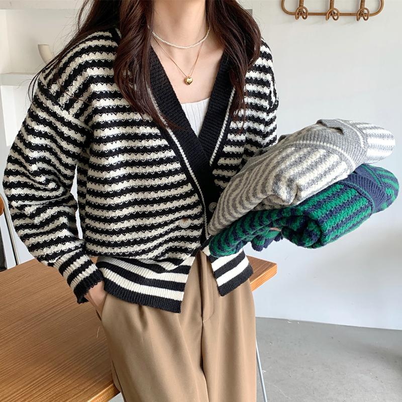 

Women's Knits & Tees Stripe Women Short Cardigan Knitted Sweater Autumn Winter Long Sleeve V Neck Jumper Casual Streetwear Fashion Pull Femm, White
