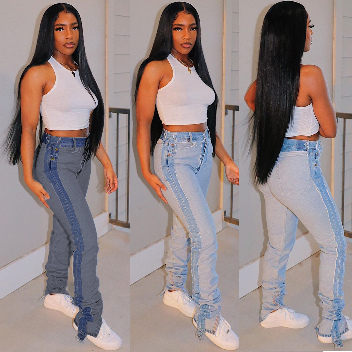 

New European and American fashion denim fringed jeans feminine foot pants