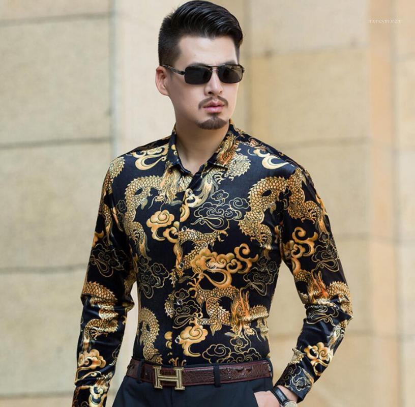 

High Quality Men T Shirt Long Sleeve Chinese Dragon Print Chain1, Black