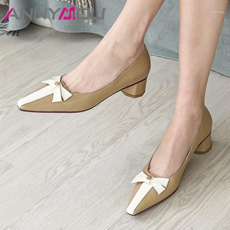 

ANNYMOLI Med Heels Pumps Square Toe Real Leather Women Shoes Bow Chunky Heel Shoes Shallow Female Footwear Spring Apricot 34-401