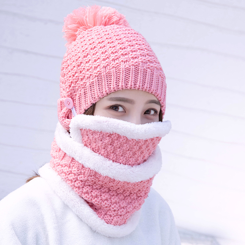

3 pieces/set Winter Acrylic Wool Knitted Beanies Velvet Thick Bib Mask Women Warm Balaclava Hat Female Outdoor Windproof Beanies, Blue