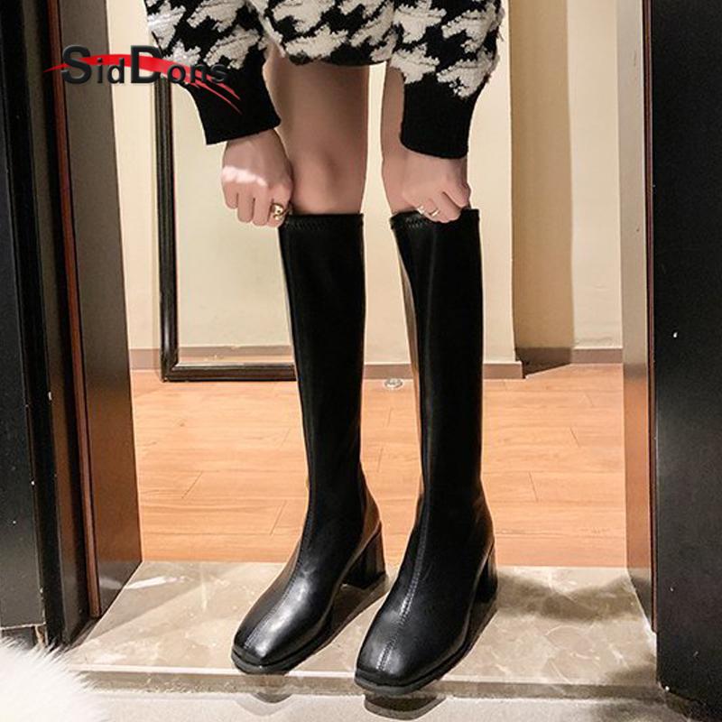 

Siddons 2021 Runway Women Knee High Boots Winter Fashion Square Toe Chunky High Heels Shoes Woman Zipper Punk Knight Boots, Black