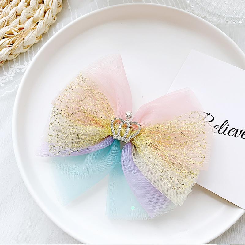

12pcs Fashion Tiaras Glitter Gradient Mesh Bow Hairpins Rhinestone Crown Bowknot Hair Clips Princess Boutique Hair Accessories, Multi