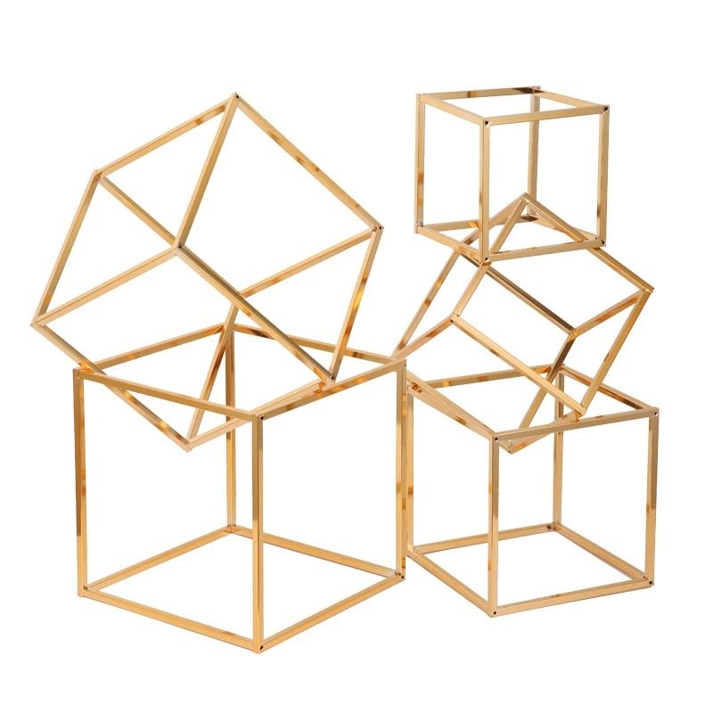 

Party Decoration Square Metal Wedding Stand Shiny Gold Plating Geometric Box Backdrop Road Lead Iron Flower Home
