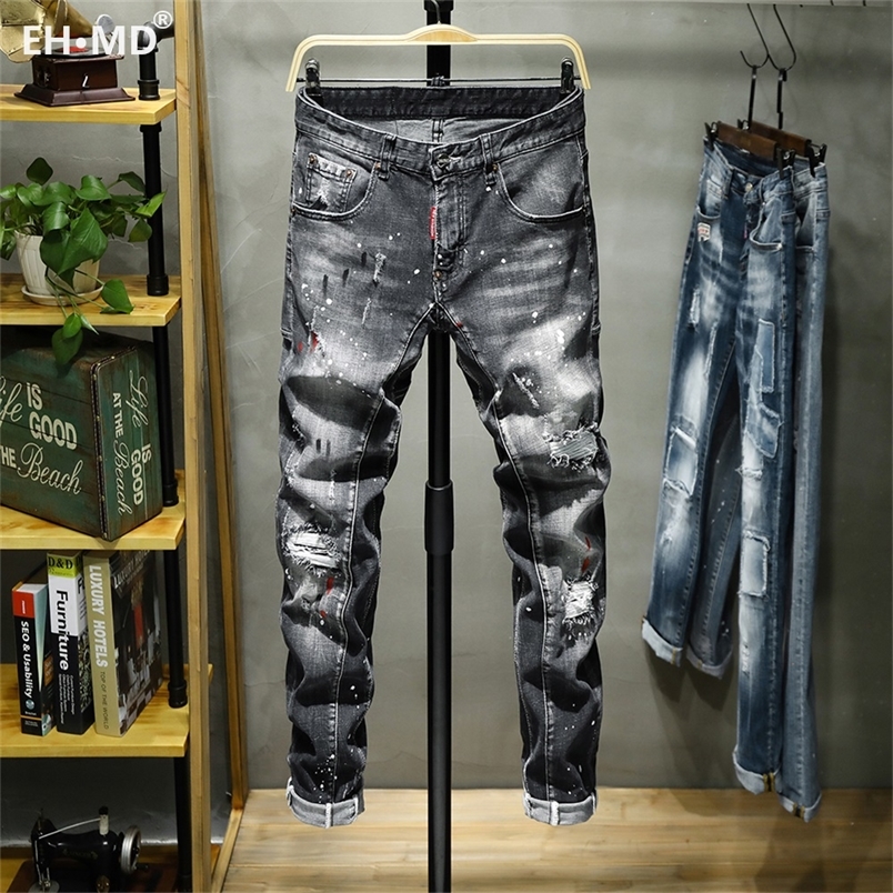 

EH·MD® Ripped Hole Jeans Men's Paint Dots Ink Splattered Soft Cotton High Elastic Leather Label Black Grey Slim Pants Red Ears 220224, Gray
