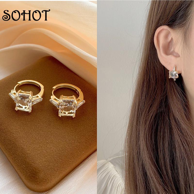 

SOHOT Normcore Hyperbole Square Zircon Pendant Romantic Women Hoop Earrings Piercing Delicate Prevent Allergy Female Jewelry