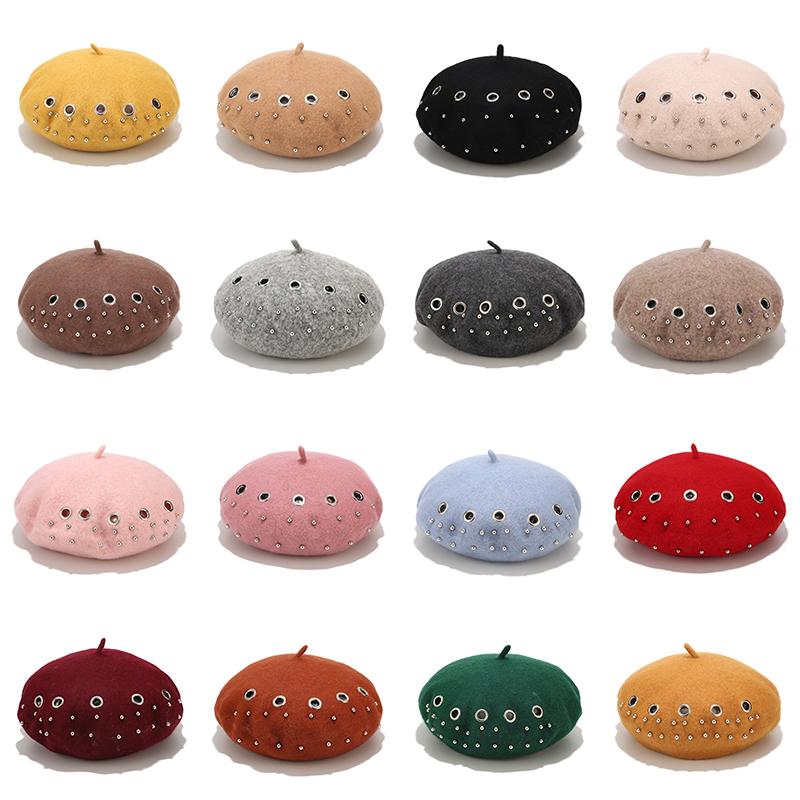 

Berets Women Winter Beret Elegant Hollow Rivet Woolen Hat Vintage Warm Caps Fur Wool Solid Color Painter Cap Wild Pumpkin, Black