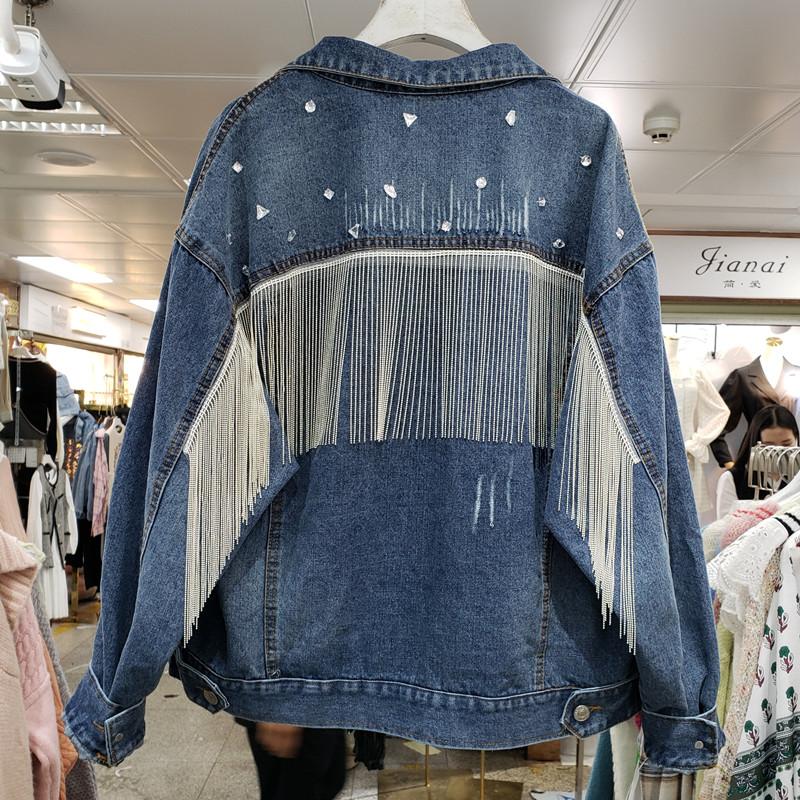 

2020 New Autumn Heavy Drill-fringed Chain Jeans Jackets Outwear Womens Streetwear Loose Girls Denim Coats Students Jeans Jackets, Blue
