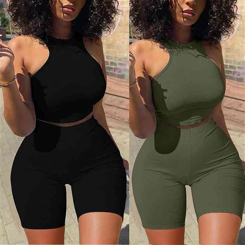 

Two Piece Set Women Summer Solid Color Tracksuits Sleeveless Vest Crop Tops Skinny Shorts 2pcs Set Sexy Fitness Clubwear, Gray
