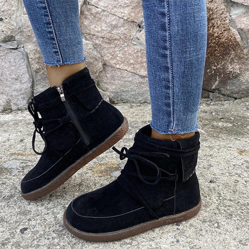 

Women Snow Boots Flock Flat Shoes Ladies Butterfly Knot Sewing Zipper Ankle Boots 2020 Warm Comfort Footwear Female Casual Shoes, Black