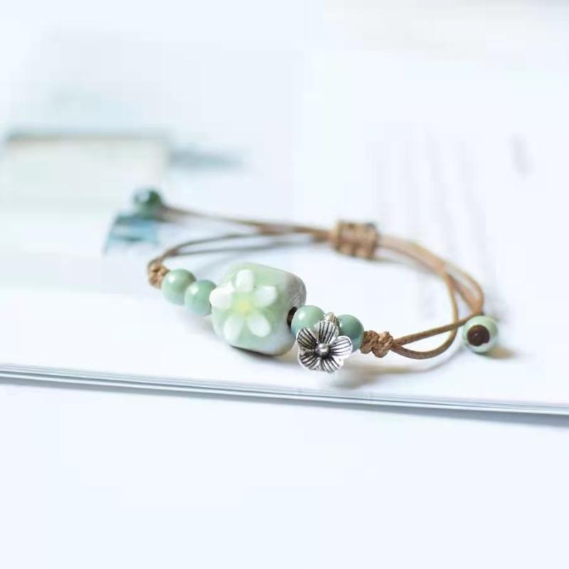 

Charm Bracelets Cute Ceramic Small Flower Beads Handmade Rope Bracelet Ladies Retro Simple Ethnic Style Jewelry