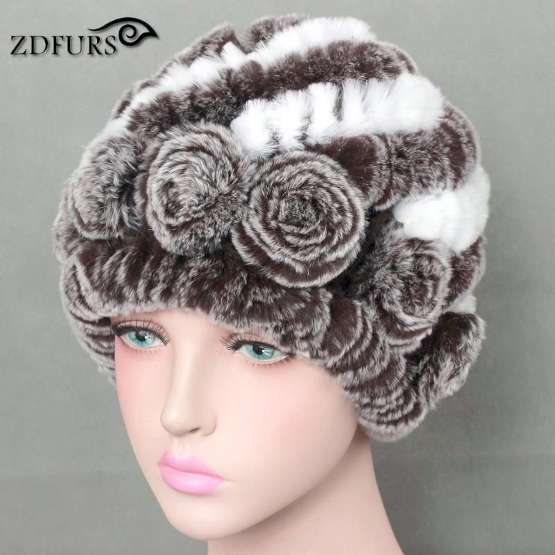 

Glaforny 2020 Real Rex Fur Hats Women's Winter Warm Fur Beanies With Flowers Braid Hat Female 10 Colors, Dark red with black