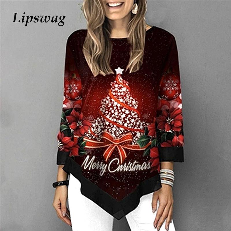 

Women Christmas Tree Print Blouse Shirt Autumn Winter Long Sleeve Christmas Pullover Top Casual Oversized 3/4 Sleeves Blusa 5XL, Red