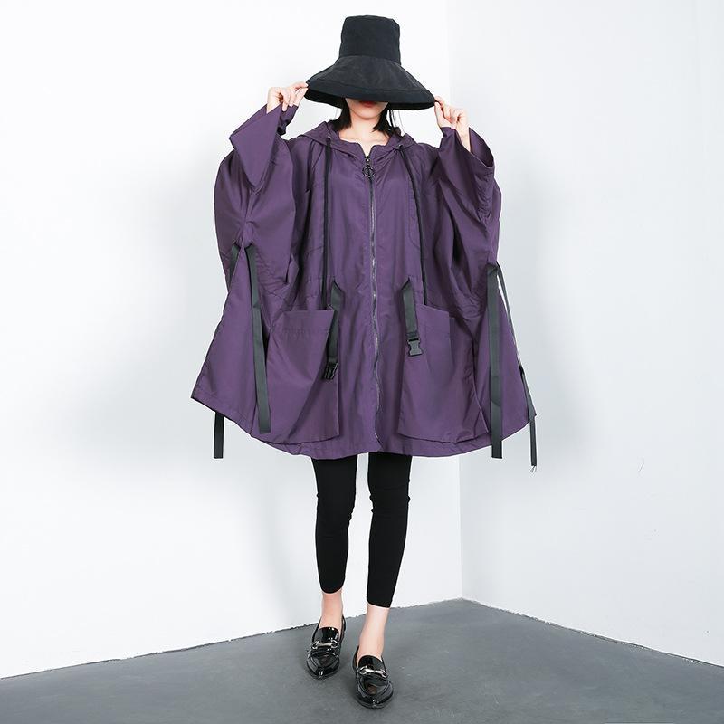 

Women Autumn Oversized Bat Sleeve Big Pocket Hooded Trench Coat Female Streetwear Hip Hop Big Size Windbreaker Outerwear Cloak1, Purple