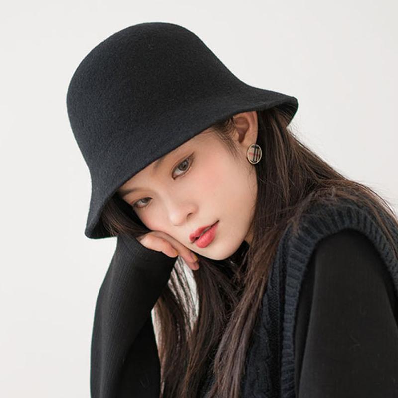 

Fashion Warm 100% Wool Bucket Hats Solid Color Round Top Brim Women Felt Cloche Fedora Hat Lady Bowler Classical Hat, C0217-5
