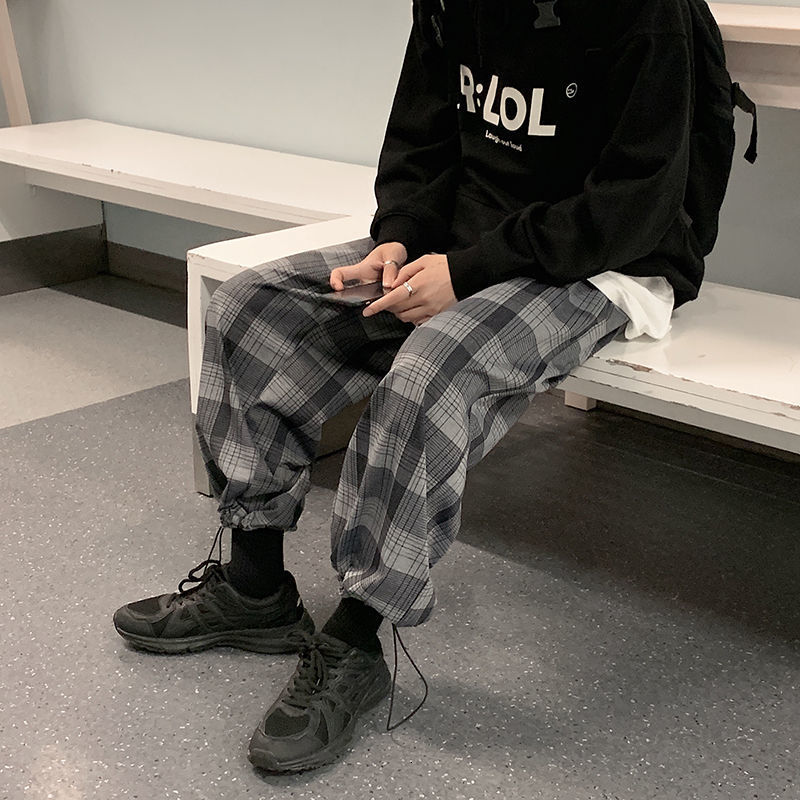 

New Man Loose Straight Plaid Woman Casual Japanese Style Trousers 2021 Male Fashion Pants Clothing V2go, Grayge