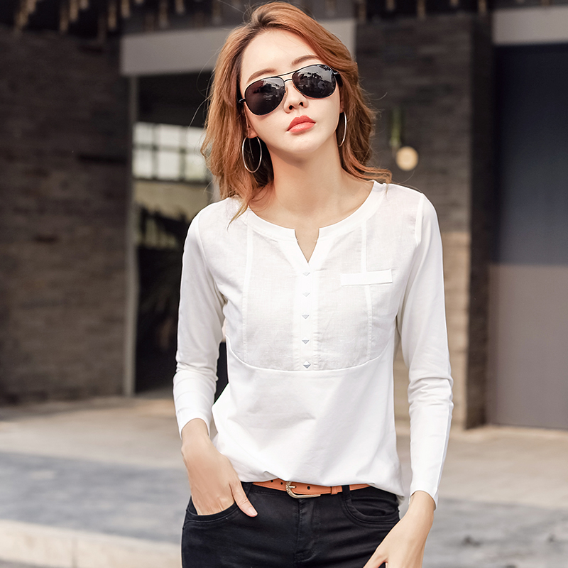 

100% Cotton T Shirt Women Long Sleeve T-Shirts Female Spring Autumn Ladies Solid Tops Tee Shirt Femme Casual Plus Size 4XL 201125, White