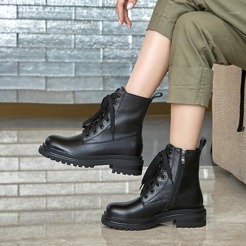 

New Female Platform Boots Cross Tied Chunky Heels Winter Genuine Leather Women Ankle Boots Casual Shoes Woman1, Black