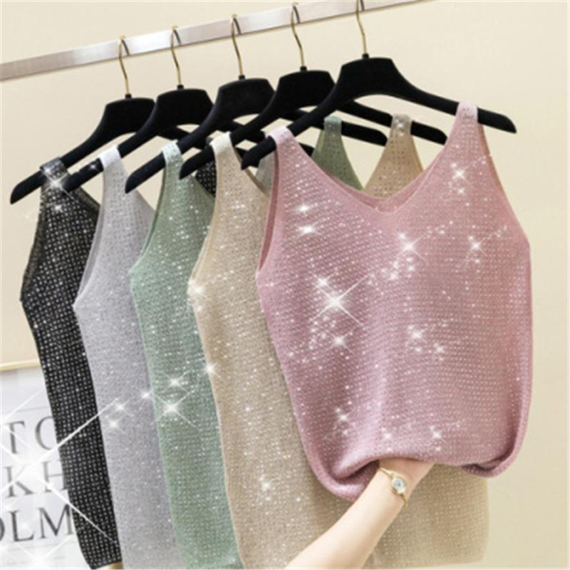 

Women's T-Shirt 2022 Sexy Shiny Knitted Top Summer V-neck Diamonds Tank Women Slim Female Sleveless Vest Camis PZ2989, White
