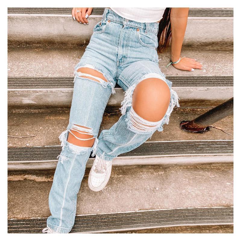 

High Waist Ripped Hole Women Jeans Classic Style Denim Pants Sexy Autumn New Clothing Casual Ladies Washed Female Cargo Trousers1, Blue