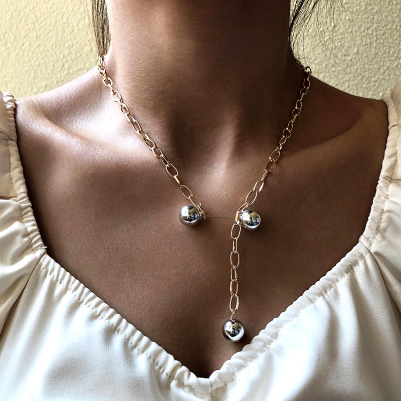 

New Trend Hip hop Gold Plated Thick Chain Metal Ball Long Chain Clavicle Necklace for Men Women Girls Party Jewelry Gift