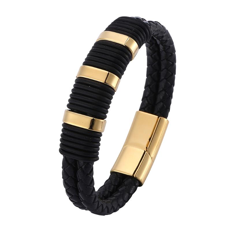 

Genuine Double Layer Leather Men Bracelet Stainless Steel Magnetic Buckle Punk Style Jewelry Black Bracelet Birthday Gift BB0777