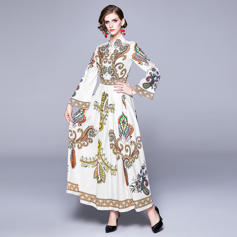 

2021 New Fashion Designer Runway Button Down Sashes Maxi Autumn Sleeve Stand Collar Flower Printed Vintage Long J58t, Black