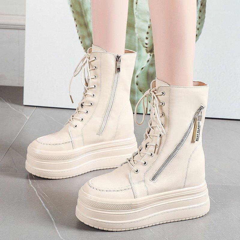 

Rimocy Women Autumn Winter Platform Ankle Boots Casual Zipper Lace Up Height Increasing Shoes Woman Fashion Chunky Short Botas1, White