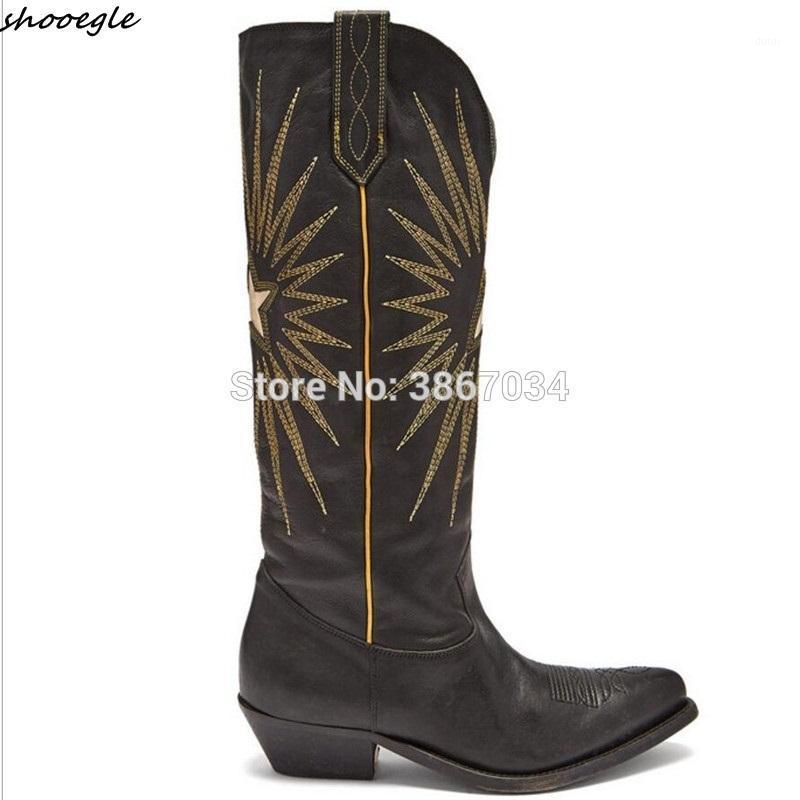 

SHOOEGLE 2020 Winter Women Western Cowboy Boots Embroiderd Leather Cuban Heels Distressed Knee High Boots Slip On Booties Women1, Black