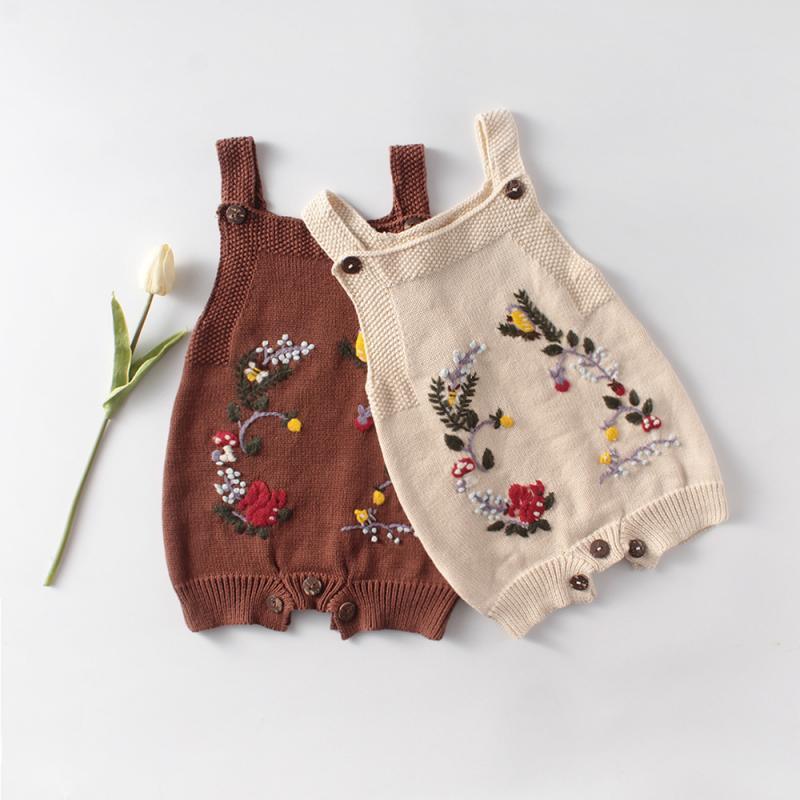 

Baby Girls Knitted Rompers Newborn Boys Girl Clothes Infant Floral Embroidery Playsuit Kids Jumpsuit Coveralls Toddler One Piece, Beige