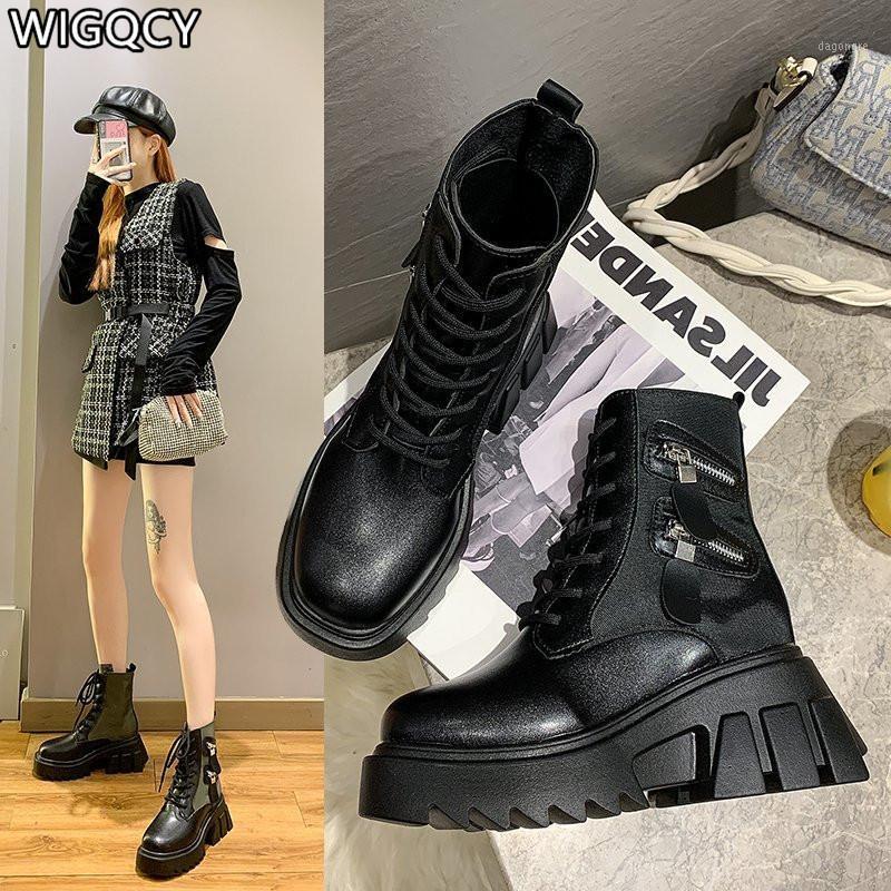 

2021 Winter New Boots Women's Fashion Flat-Heel British Style Women's Shoes Fashion Patent Leather Platform Ankle Boots1, Black