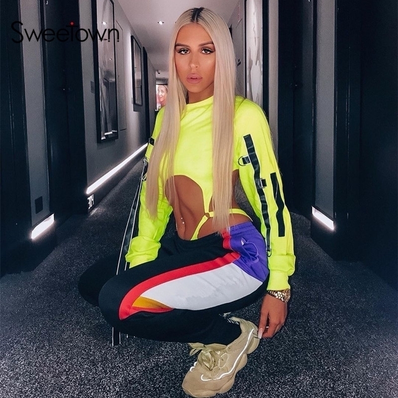 

Sweetown Neon Color Cut Out Sexy Rave Bodysuit Women Patchwork Ribbon Gothic Bodies Black Long Sleeve Ladies Bodysuit Autumn Y200401, Beige