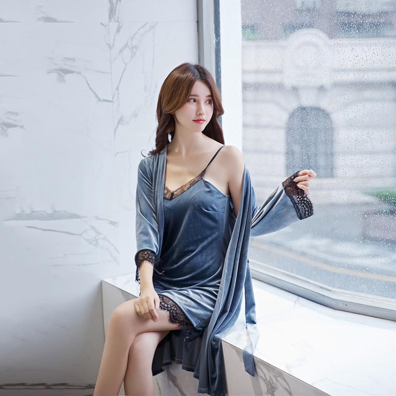 

Women 2PCS Velour Robe Gown Set Sexy Hallow out V-Neck Strap Top Nightwear Black Lace Trim With Belt Autumn Casual Night Dress1, Blue
