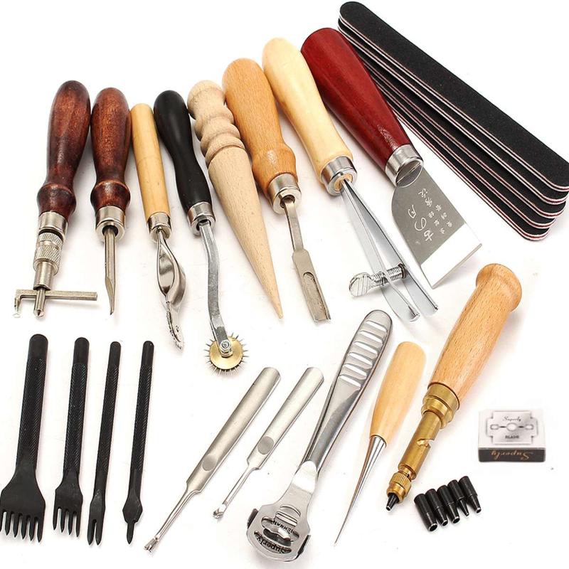

18Pcs Leather Craft Punch Tools Kit Hand Sewing Tool Stitching Punch Carving Work Saddle Groover Leathercraft Set Freeshipping