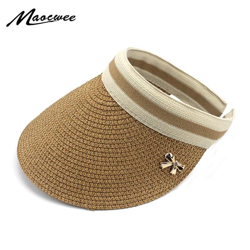 

Wide Brim Hats Woman Sun Big Foldable Bowknot Hand Made Straw Paper Visor Female Casual Shade Hat Summer Empty Top Beach Cap, Beige