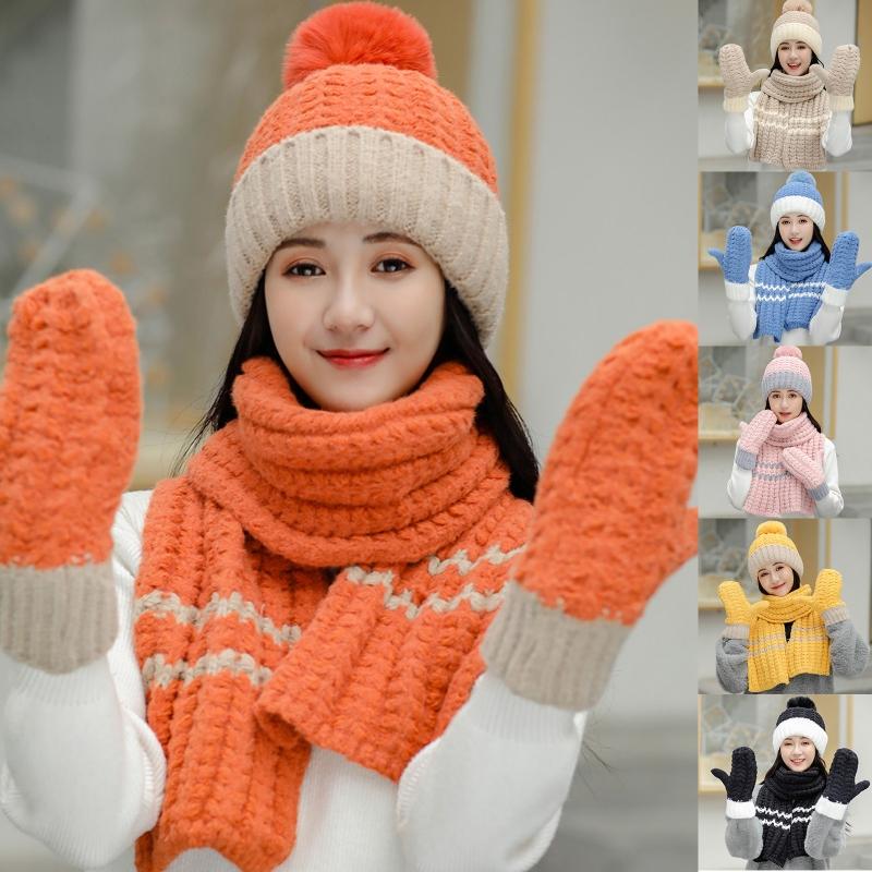 

Women Winter 3Pcs Pompom Beanie Hat Long Scarf Gloves Set Contrast Color Chunky Knit Plush Lined Skull Cap Neck Warmer Mittens