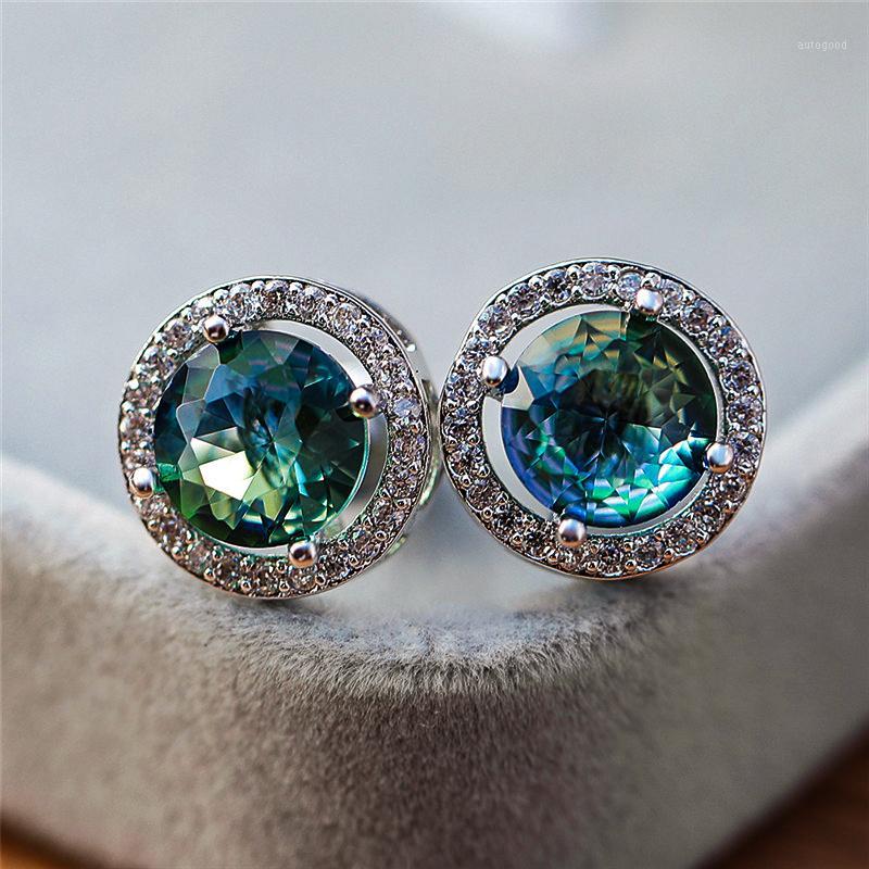 

Stud Luxury Female Round Blue Green Earrings Elegant Silver Color Zircon Stone Vintage Wedding For Women1
