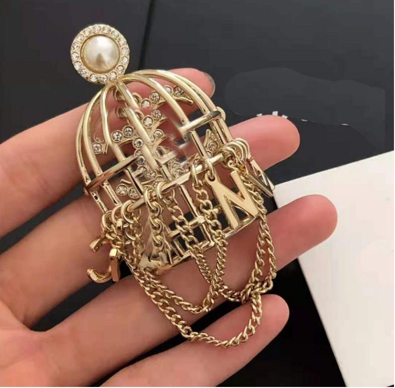

Luxury jewelry New birdcage Rhinestone Pearl Brooch Pin, Gray
