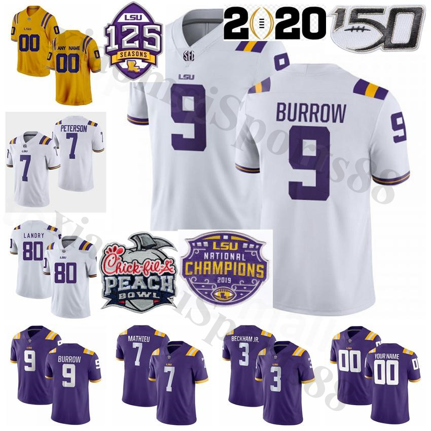 

NCAA LSU Tigers College 9 Joe Burrow Jersey Football 3 Odell Beckham Jr 80 Jarvis Landry 7 Tryann Mathieu 7 Patrick Peterson Stitched, As shown in illustration